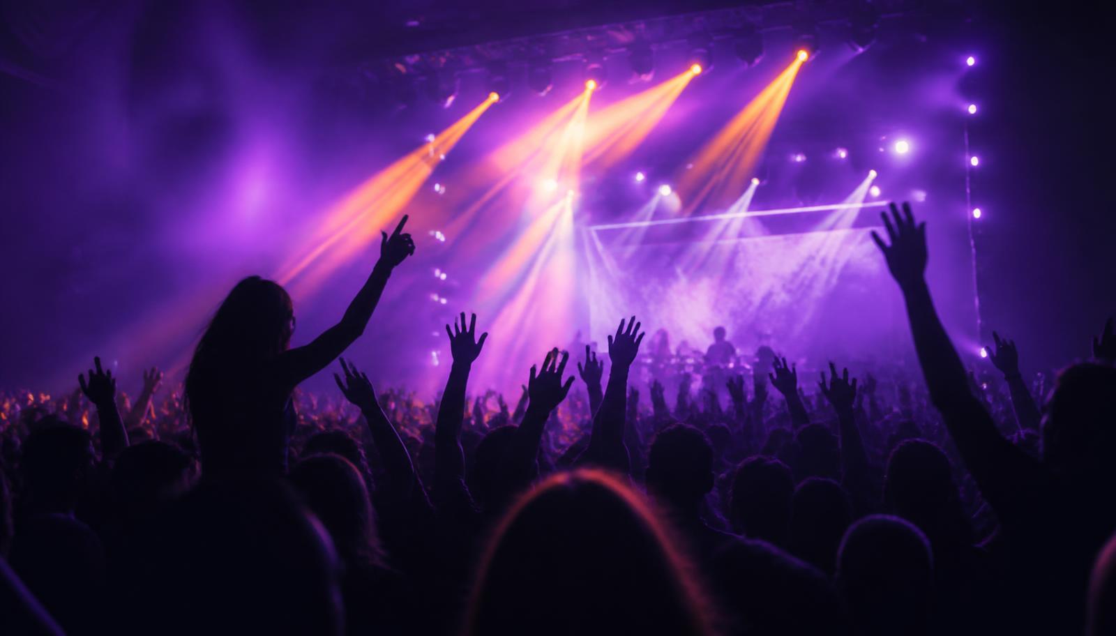 Live concert crowd under purple and orange stage lights